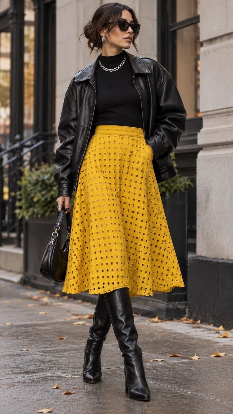H&M Mustard Yellow Eyelet Broderie A-Line Midi Skirt Size 8